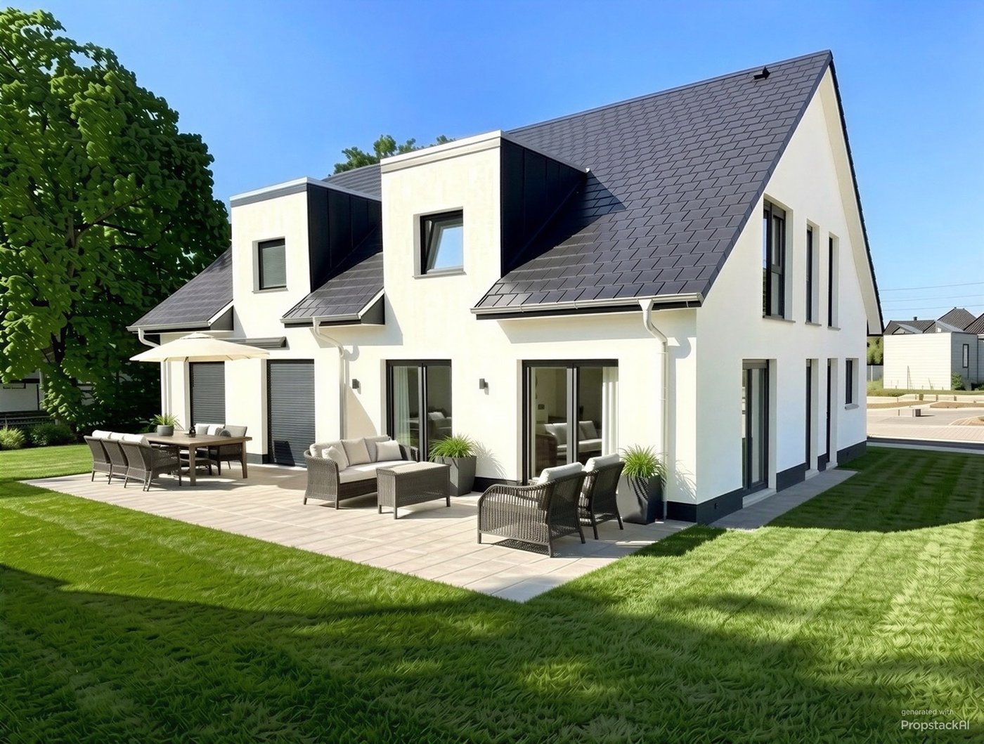 Doppelhaus im Hofblick 41, Gartenseite mit Terrasse